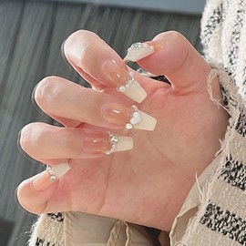 Happykau Nail Tips, Set of 24, False Nails, Length, Popular, 3D, Cute, Handmade, Nail Stickers, Fashion Nails, Wedding, Nail Tips, Bridal Nails, Pink, Cute (D, Free)