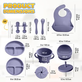 HippoBaby Baby Led Weaning Supplies | 10 Piece Silicone Feeding Set | Baby Toddler Bib Cup Divided Plate and Bowl Self Feeding Spoons Dish Set | Baby Utensils | Toddler Feeding Supplies (Lavender)