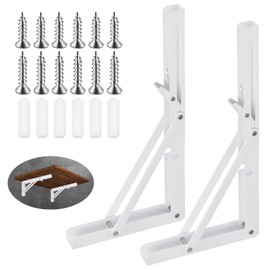 Swpeet 2 Pack 12" Folding Shelf Bracket, Heavy Duty DIY Wall Mounted Shelf Bracket Max Load 440 lb, Stainless Steel Decorative L Bracket Kit Contains 16/19MM Screw, Anchors for Table Work Bench, White