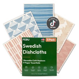 FEBU Swedish Dishcloths for Kitchen | 5 Pack Sunset Reusable Paper Towels Washable | Swedish Dish Towels | Non-Scratch Cellulose Sponge Cloths | No Odor, Biodegradable Cleaning Cloths