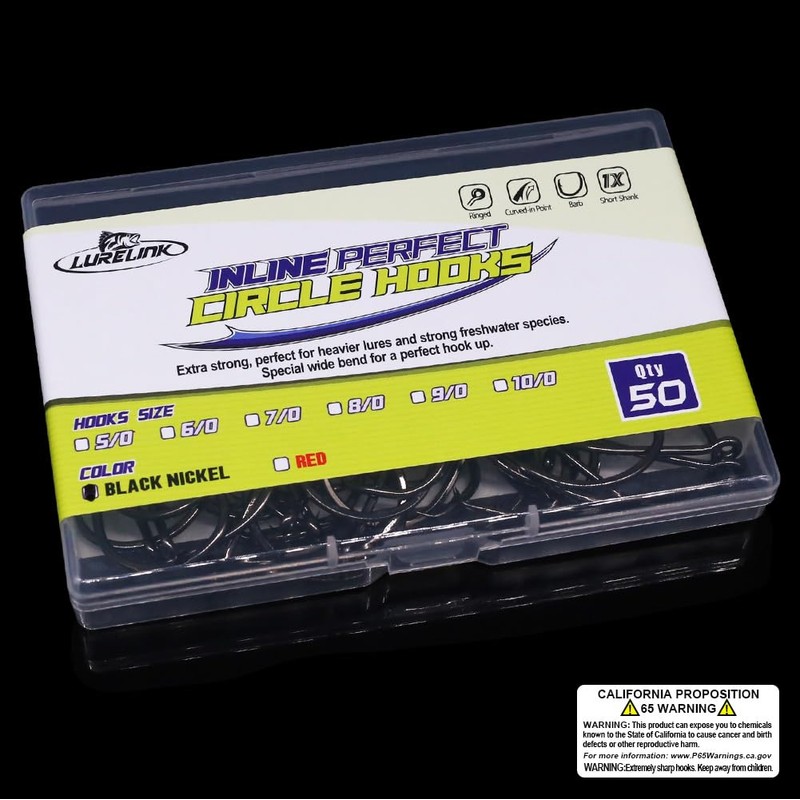 LURELINK Inline Circle Hooks - 5/0, 50 Pack - Black