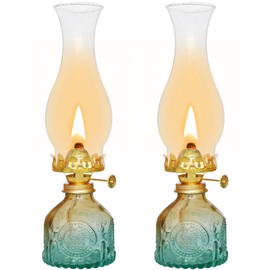 Glass Oil Lamp 2Pack, Oil Lamps for Indoor Use - 11"x3" Gradient Green Antique Kerosene Lamp, Outdoor Oil Lamp, Beautifully Carved Vintage Oil Lamp for Home Decor, Tabletop, Emergency Lighting & Props
