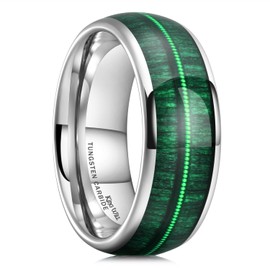 King Will Tungsten Wedding Band Promise Ring for Men 8mm Silver Domed Polished Ring with Green Wood Inlay Green Steel Wire 9
