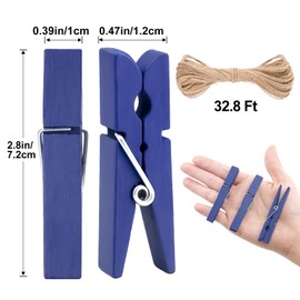 jijAcraft Wooden Clips with String, 50Pcs 2.9Inch Large Clothes Pins, Navy Blue Photo Hanging Clips, Wooden Craft Decoration Clothespin for DIY Crafts, Cheer Pins, Hanging Clothes