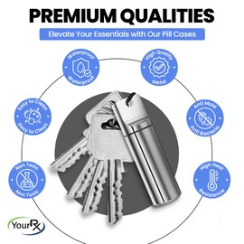 YourRx Keychain Pill Holder – Large Capacity Waterproof Travel Pill Organizer Pill Container for Tablets, Capsules – Durable Travel Friendly Pill Case for Purse Mini Pill Case (Silver)