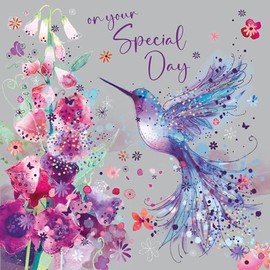 Cherry Orchard, Enchanting Humming bird Ladies Birthday Card with Exquisite purple Foil Finishes, Complete with Envelope