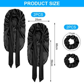 2 x Bonnet Sleep Cap and 2 x Hair Scrunchies Black, Silk Hood for Sleeping, Long Hair Cap for Sleeping, Silk Hair Cap for the Night, Silk Hood, Long Hair Protection