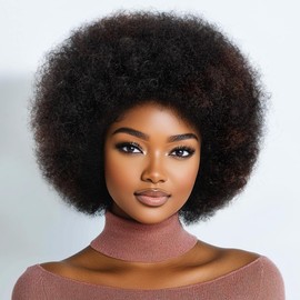 DÉBUT Afro Curl Fluffy Wigs Human Hair 70s Afro Curly Wig Big Hair for Black Women Daily Use 6 Inches Ombre 1B Mixed Reddish Brown