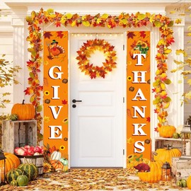 Thanksgiving Party Decorations Give Thanks Hanging Banner Porch Door Sign Autumn Fall Welcome Banner Pumpkin Maple Leaf Decor, Orange/Autumn Pumpkin Maple Leaf Backdrop Fall Harvest Wall Door Decoration
