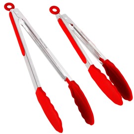 ShanLiHong Kitchen Tongs for Cooking, Stainless Steel Heat Resistant Set of 2 BBQ Tong, Non Scratch Silicone Tip .Strong Grip, Grab Food, Toss Salad, Air Fryer, Pull Lock, 9 + 12 Inch, (Red)