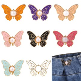 Bewudy 8 Sets Pant Waist Tightener, Butterfly Waist Tightener for Pants Women Loose Jeans, Adjustable Waists Buckle Sets No Sew and No Tools Decorative Waists Buckles, Jean Buttons Pins