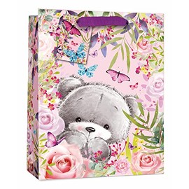 Medium Female Gift Bag - Grey Bear with Butterflies & Flowers 10"x8.5"