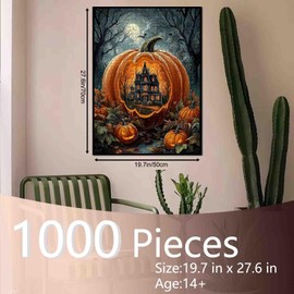 Rompecabezas de noche de Halloween, 1000 piezas para adultos, familias (calabaza, castillo, bosque de otoño, luna llena) piezas que se ajustan perfectamente a 19.7 x 27.6 pulgadas (negro)