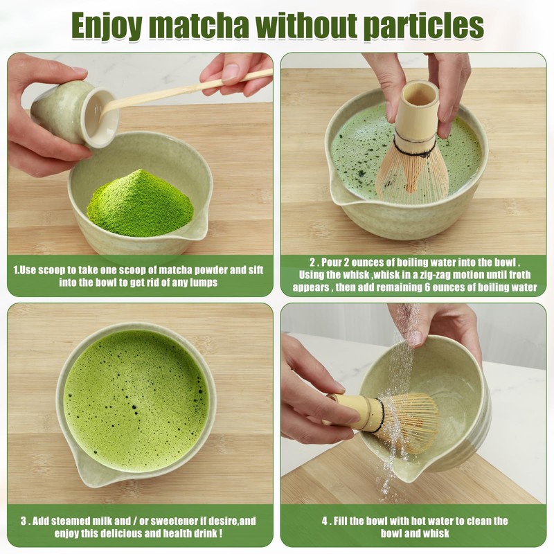 Handcrafted Bamboo Matcha Whisk Set, Ceramic Matcha Bowl with Pouring
