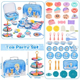 Tea Party Set for Girls, Princess Tea Set for Kids Including Teapot, Cups, Plates, Dessert, Carrying Case, Kitchen Pretend Play Toy, Birthday Gift for Girls