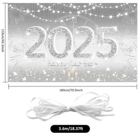 Happy New Year 2025 Decorations, Large Fabric New Years Eve Background Banner Silver, 2025 New Years Decorations for New Years Eve Party Supplies