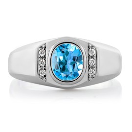 Gem Stone King Men's 925 Sterling Silver Swiss Blue Topaz and White Created Sapphire Ring (1.36 Cttw, Available in size 7, 8, 9, 10, 11, 12, 13)