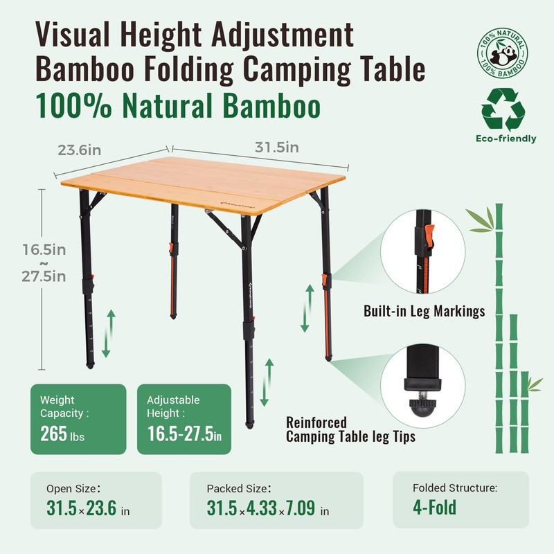 Bamboo Camping Table with Adjustable Height (265LBS)