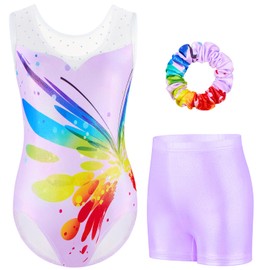 Boteria Gymnastics Leotards for Girls with Shorts Set, Long Sleeve/Sleeveless Dance Leotard Sparkle Dancewear for Kids 5-12 Years (Purple-sleeveless, 7-8 Years)