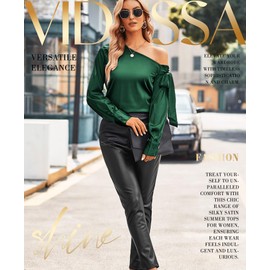 VIDUSSA Women's Off Shoulder Tops Satin Silk Shirts Casual Dressy Blouse Long Sleeve Office Work Tunics Dark Green L