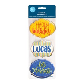 R&M Birthday Message Cookie Cutter 3 Piece Set. Includes Elegant, Name and Cameo Plaque Cookie Cutter
