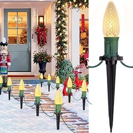 C9 Christmas Pathway Lights Outdoor, 25.7 Feet 20 LED C9 Strawberry Walkway Lights with Marker Stakes, Connectable Shatterproof C9 String Lights for Lane Outside Yard Decorations, Warm White