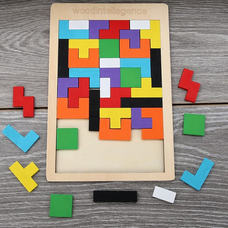 ANCLLO Tangram wooden puzzle with colourful 3D Russian blocks
