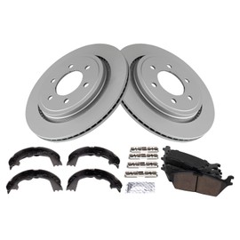 TRQ Rear Brake Pad & Rotor Kit Brake Pads Brake Rotor Parking Brake Shoe Set Ceramic Premium G-Coated Compatible with 2015-2017 Ford F-150