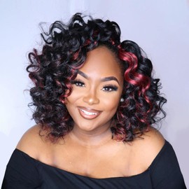 ToyoTree Ocean Wave Crochet Hair - 12 Inch 8 Packs Black Mix Burgundy Mid-Length Curly Deep Wave Crochet Hair, Synthetic Ocean Wave Braiding Hair Extensions (12 Inch,P1B/118-8P)
