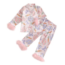 Ayalinggo Toddler Girl Easter Pajamas Baby Kids Egg Bunny Pjs Feather Trim Satin Sleepwear Nightgown Button Down Jammies Set Pink Egg Easter 8-9 Years