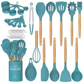 FEEMONT Kitchen Utensils set-Silicon Cooking utensils set 33 pieces-Non-Stick Cookware wtih wooden handle-Heat resistant Silicon Spatula set with holder (GREEN)