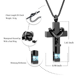 Black Cross Urn Necklace For Ashes Of Loved Ones With Birthstone Always In My Heart Cremation Jewelry Keepsake Pendant Women Men(Light Blue Stone)