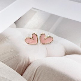 Pink Heart Small Stud Earrings for Women Cute Sterling Silver Post Gold Plated Enamel Hearted Shaped Hypoallergenic Minimalist Trendy Tiny Studs Fashion Y2K Jewelry, Small, Metal, No Gemstone