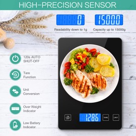ORIA Digital Kitchen Scale, 15kg/33lb Food Scale, 1g Precise Graduation, Waterproof Tempered Glass Platform, High Accuracy Multi-Function Scale for Cooking Baking (Black)