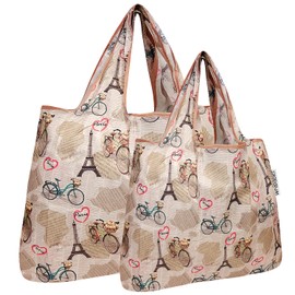 allydrew Large & Small Foldable Tote Nylon Reusable Grocery Bags, Set of 2, Paris