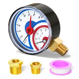 MEANLIN MEASURE 0-160Psi Thermal Pressure Gauge,0-250℉ 1/4" NPT 2.5" FACE DIAL, Boiler Temperature Pressure Gauge with Reset Pointer, with 1/2" NPT and 3/8" NPT Hex Bushing, Lower Mount