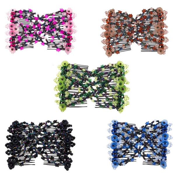LOVEF 5 Pcs Magic Vintage Beaded Flower Multifunction Easy Stretchy Double Hair Combs Clips Hairpin Hair Accessories