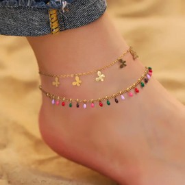 Joo&Rind Clover Anklet for Women Anklet for Women Waterproof 18k Gold-Plated Stainless Steel Layered Anklet Women's Boho Style Women's Jewellery, Gifts for Women, Gold Plated