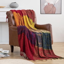 LORRIARD Boho Throw Blankets,Bohemian Bed Throws,Chenille Tassels Throw Blanket for Couch Sofa,Chair Bed，Hippie Room Decor,Hippie,Indian Throw Blankets (Red Navy Yellow 60x75)