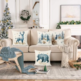 Bonhause Set of 4 Cushion Covers Winter Reindeer Blue 45 x 45 cm Bear Deer Snow Pine Polyester Linen Decorative Cushion Covers for Sofa Winter Holiday Decoration
