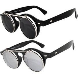 OWL 2 Pack Flip Up Steampunk Vintage Retro Round Circle Gothic Colored Plastic Frame Sunglasses Colored Lens