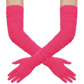 Hazhlko Women's Super Long Stretchy Ruched Mesh Tulle Sheer Gloves Costume Opera Party 1920's Dance Gloves Rose