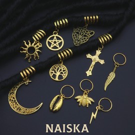 NAISKA 12PCS Moon Hair Accessories Braid Beads Dreadlocks Loc Jewelry for Braids Hair Clip Decoration Hair Beads Cuffs Coils Rings Pendants（Gold & Silver）