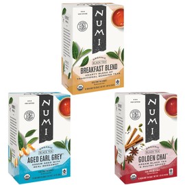 Numi Organic Black Tea Variety, 18 Tea Bags (Pack of 3), Breakfast Blend, Aged Earl Grey & Golden Chai (Packaging May Vary)