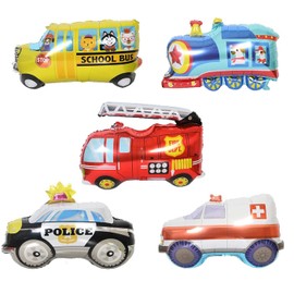 Pack of 5 School Bus Fire Engine Train Ambulance Police Foil Balloons for Children Car Themed Birthday Party Decorations