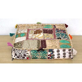 CRAFT KALA Indian Square Patchwork Traditional Pouf Cover Indian Living Room Poufs Decorative Embroidered Designer Ottoman Home Living Footstool Chair Cover Decor Pillow Cover 18x18x5 inches, Camel