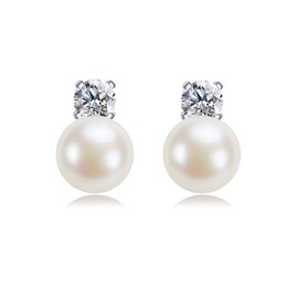 K.L.Y Women's Genuine Pearl Earrings, 925 Silver, 4 Prong 5A Zirconia, Birthday Gift, Gift Packaging, Freshwater Pearl / 5A Cubic Zirconia, freshwater pearl