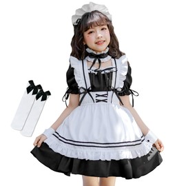 GOKEI Lolita Children's Maid Clothes, 6 Piece Set, Kids Halloween Cosplay Costume, Performance Outfit, Ruffles, Short Sleeves, Bow, Apron, Dress, One-Piece, Ribbon, Costume, Maid, Alice Style Disguise