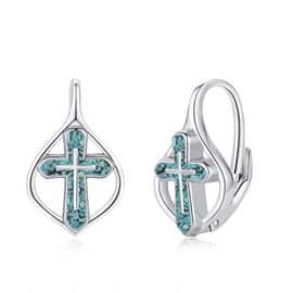 Cuoka Turquoise Cross Earrings 925 Sterling Silver Cross Huggie Hoop Earrings,Religious Cross Leverback Earrings Jewelry for Women