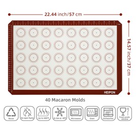 HEIPON Macaron Silicone Baking Mats,22.44"Lx14.57"W,Two-Piece,Pastry Mats Rolling Dough,Non-Stick,40 Macaron Molds,Cookie Sheet Liners,Reusable Baking Mat(Red&White,1PC)